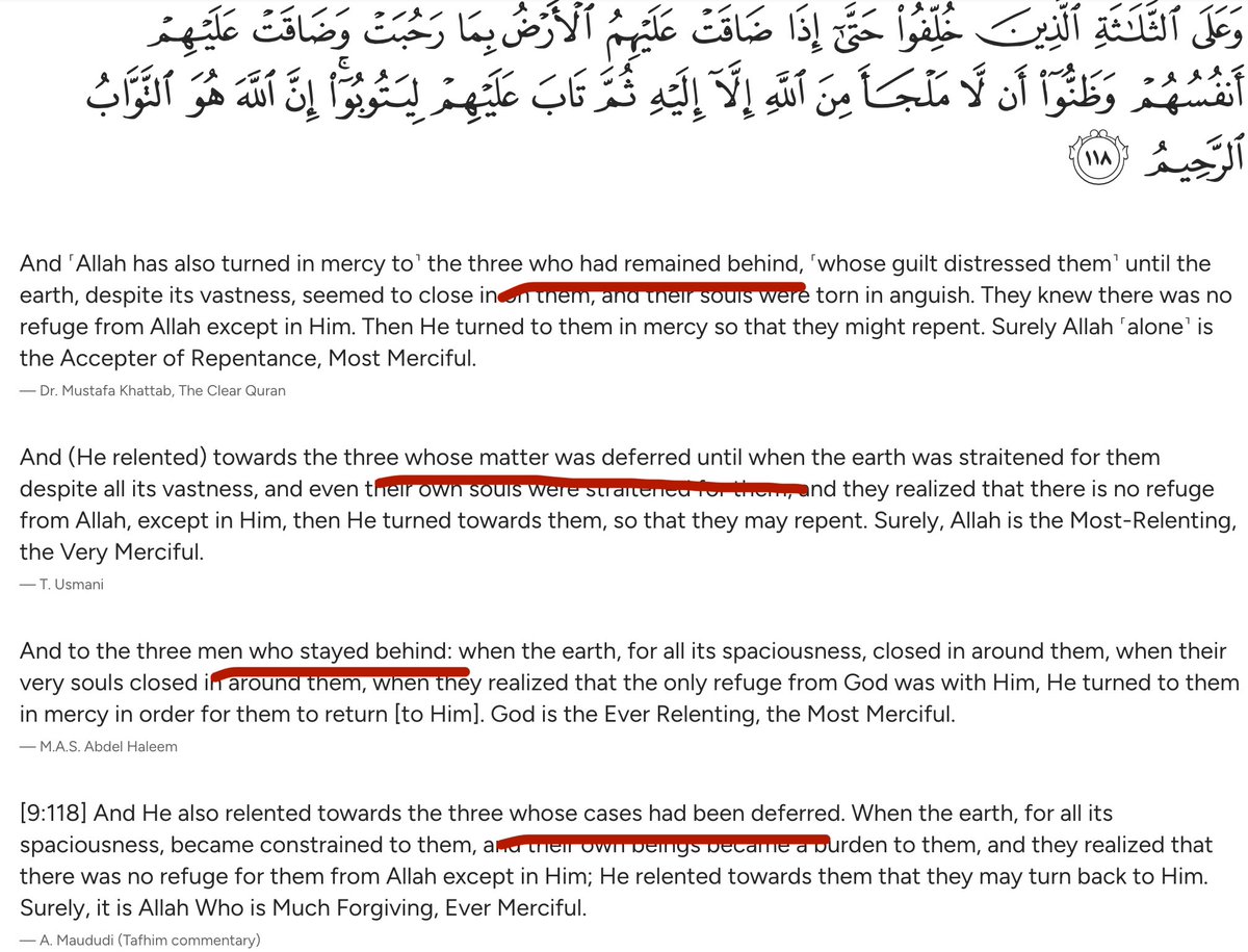 muadhchati's tweet photo. Relying on Mufti Taqi al-Uthmani's Qur'an Translation

I came across an interesting translation in Dr. Mustafa al-Khattab and M.A.S. Abdel Haleem's translations of the Qur'anic ayah:

وعلى الثلاثة الذين خلفوا

These two scholars translated it as:

And Allah has also turned in mercy to the three who had remained behind.

However, the hadith in Sahih al-Bukhari (see the picture below) clearly mentions from Ka'b Ibn Malik himself that the خلفوا was not that they were left behind in the battle, but that their matter was delayed by Allah and His Messenger as to whether they will be forgiven or not.

Mufti Taqi al-Uthmani clearly being aware of this narration translates it more accurately as:

And (He relented) towards the three whose matter was deferred

Considering the idea that the person regarding whom the verse was revealed would be most aware of its context, it would mean the second translation is more accurate.

This would suggest the importance of relying upon Mufti Taqi al-Uthmani's translation of the Qur'an, primarily due to his scholarship in general.