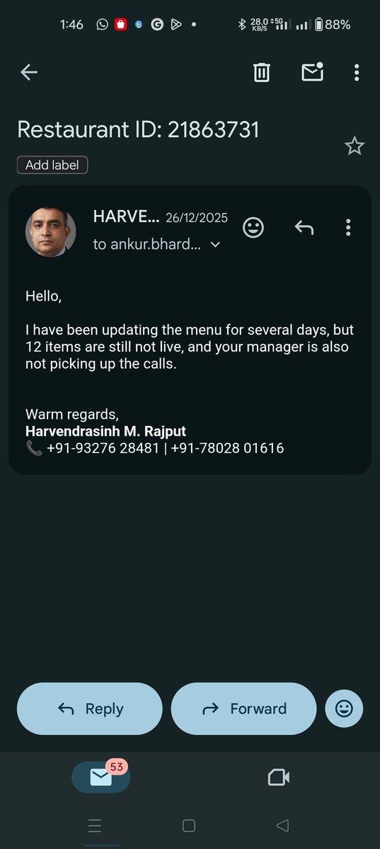 theHsinh's tweet photo. @zomatocare @zomato 
I updated the menu on my account, but it hasn't been updated yet. I've been contacting everyone, but no one is helping. There are 12 pending items. https://t.co/rpeFrKJOlV