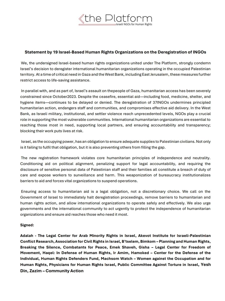 btselem's tweet image. B’Tselem joins the Statement by 19 Israel-based human rights organizations on the deregistration of INGOs:

“The deregistration of 37 INGOs undermines principled humanitarian action, endangers staff and communities, and compromises effective aid delivery."

"Ensuring access to…