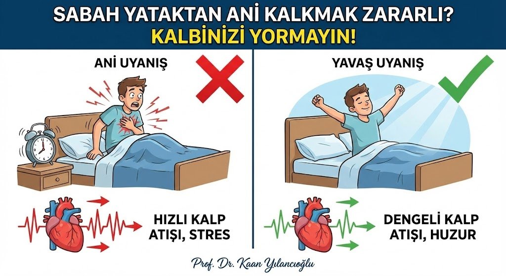 Sabah Yataktan Ani Kalkmak Zararlı? Kalbinizi Yormayın!

Birçok kişi uyanır uyanmaz hızla ayağa fırlıyor ama bu yaygın hata!

Neden riskli?
- Uyanma anında sinir sistemi ve dolaşım hâlâ "geçiş" modunda.
- Ani kalkış → Kan basıncı dalgalanması, kalp hızı artışı, damar tonusu