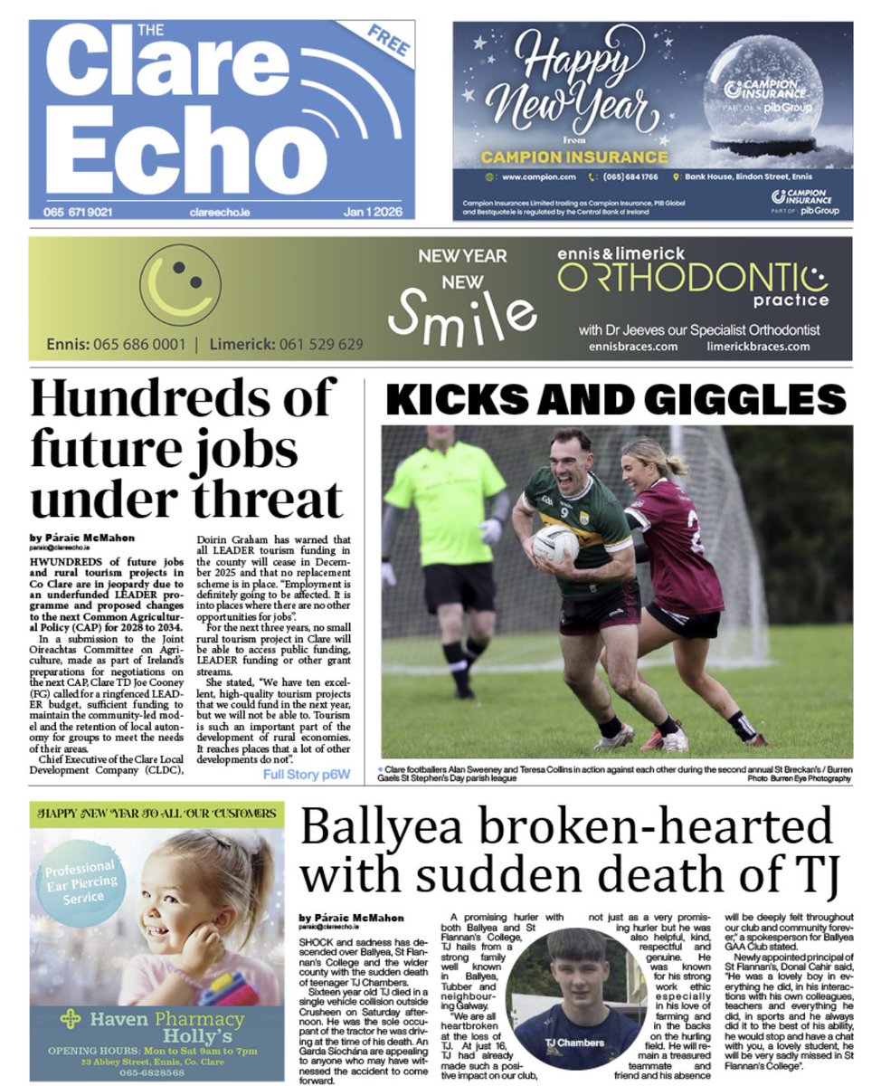 ClareEcho's tweet photo. In this week’s Clare Echo, our first edition of 2026.
- Hundred of future Clare rural tourism jobs under threat
- Ballyea broken hearted with death of TJ
- News year in review
- Clare Echo’s sporting awards for 2025!

This and more in Clare’s most read newspaper, out now! https://t.co/LycSXikgWz