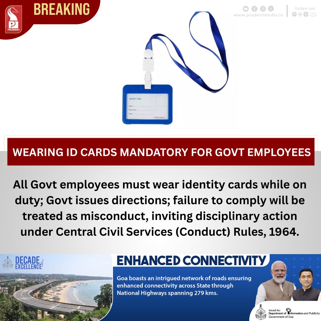 prudentgoa's tweet photo. All Govt employees must wear identity cards while on duty; Govt issues directions; failure to comply will be treated as misconduct, inviting disciplinary action under Central Civil Services (Conduct) Rules, 1964.

#GovernmentOrder #GovtEmployees #IdentityCards #OfficialDuty https://t.co/URffgCAUkN