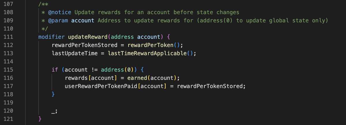 The updateReward modifier is only applied to:
  - stake()
  - withdraw()
  - claimReward()

But not to transfer() or transferFrom() inherited from ERC20.