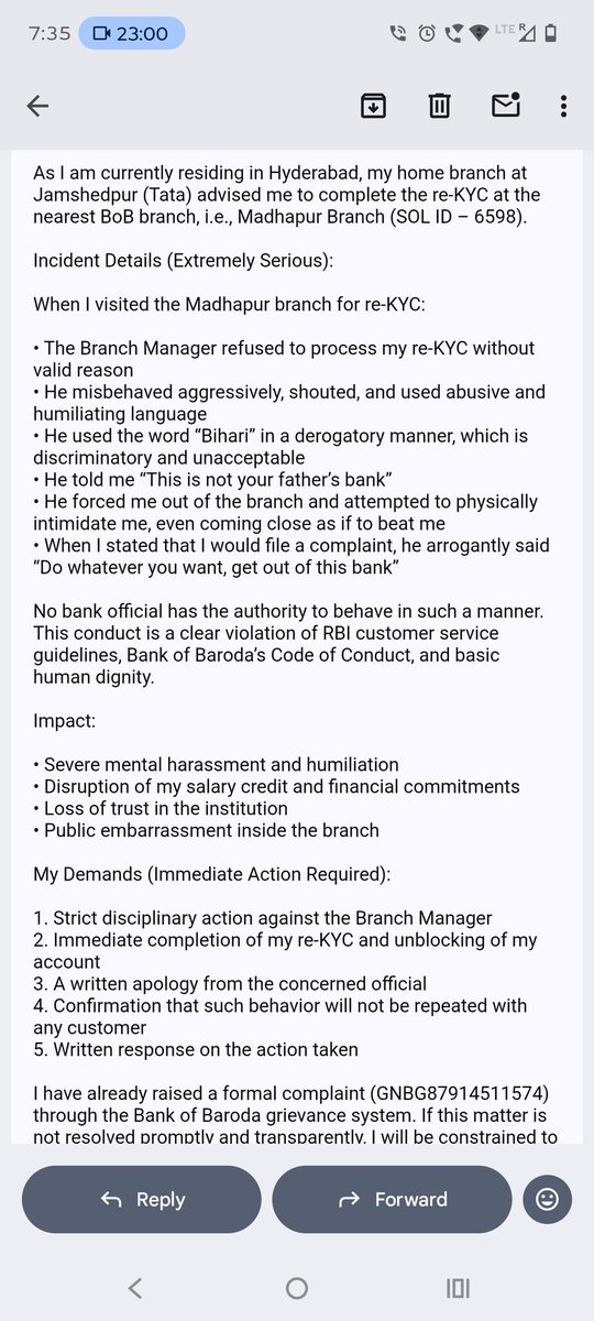 vikash_kumar__'s tweet photo. @bankofbaroda Reporting serious misconduct at Madhapur Branch (SOL ID-6598) during a re-KYC visit. The Branch Manager refused service without reason, shouted, and used abusive language in front of others. Screenshots of my formal complaint &amp; emails attached.
@RBI @RBIsays https://t.co/WLRq8aal8H