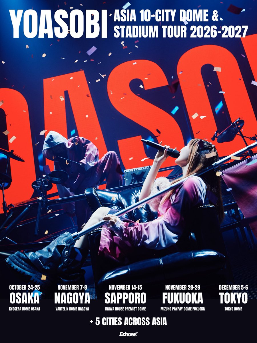 YOASOBI_staff's tweet image. 【国内ツアー最速先行チケット販売決定！】
YOASOBI ASIA 10-CITY DOME &amp;amp; STADIUM TOUR 2026-2027、国内公演の詳細発表！
大阪、名古屋、札幌、福岡、東京5大ドームにて、"10Days"開催いたします🔥

オフィシャルFC YOA'Sにて、1/4(日)正午から最速先行受付がスタート！🎫
yoasobi-fc.com/s/n135/?ima=27…