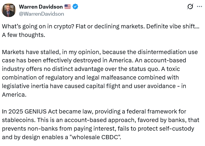 🔴COINTELGRAPH: Il deputato Warren Davidson avverte: il GENIUS Act rischia di trasformare gli Stati Uniti in uno "Stato di sorveglianza" minacciando la libertà finanziaria e la privacy degli americani.