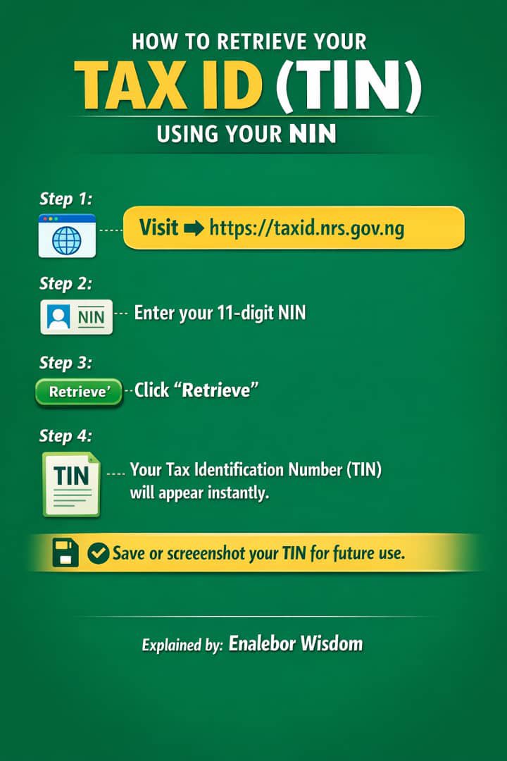 No more excuses. Once you have a NIN, you automatically have a TIN. Retrieve it easily online.

<a href="/FederalInland/">Federal Inland Revenue Service</a> <a href="/nimc_ng/">NIMC</a>  <a href="/daily_trust/">Daily Trust</a>  <a href="/channelstv/">Channels Television</a> <a href="/seunokin/">SeunOkin Channels tv</a> <a href="/ARISEtv/">ARISE NEWS</a>  <a href="/MobilePunch/">Punch Newspapers</a> <a href="/vanguardngrnews/">Vanguard Newspapers</a> 
#TaxID #NIN #DigitalNigeria #PublicAwareness