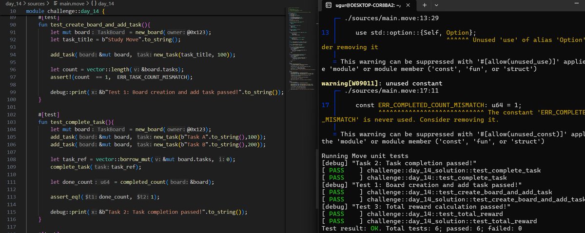 Day 14 / 21 #SuiChallenge ✅

Halfway through the marathon! 🏁

Wrote comprehensive Unit Tests in #Move 🧪

Implemented assert_eq! macro &amp; Error Constants.

6/6 tests passed successfully! 🚀

"Code is Law," and tests are the guardians.

#Sui #MoveLang #Web3 #Blockchain #Developer