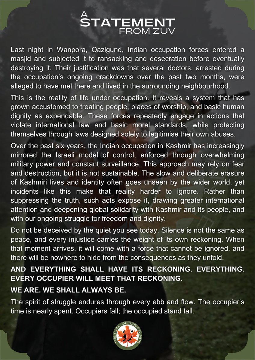 ZuvOfficial25's tweet photo. And everything shall have its reckoning to the end.Every Occupier will meet that reckoning.
We are and We Shall always be...
#Zuv
#ResistanceIsExistence
#WanporaQazigund
#Masjid https://t.co/djFT1smsIm