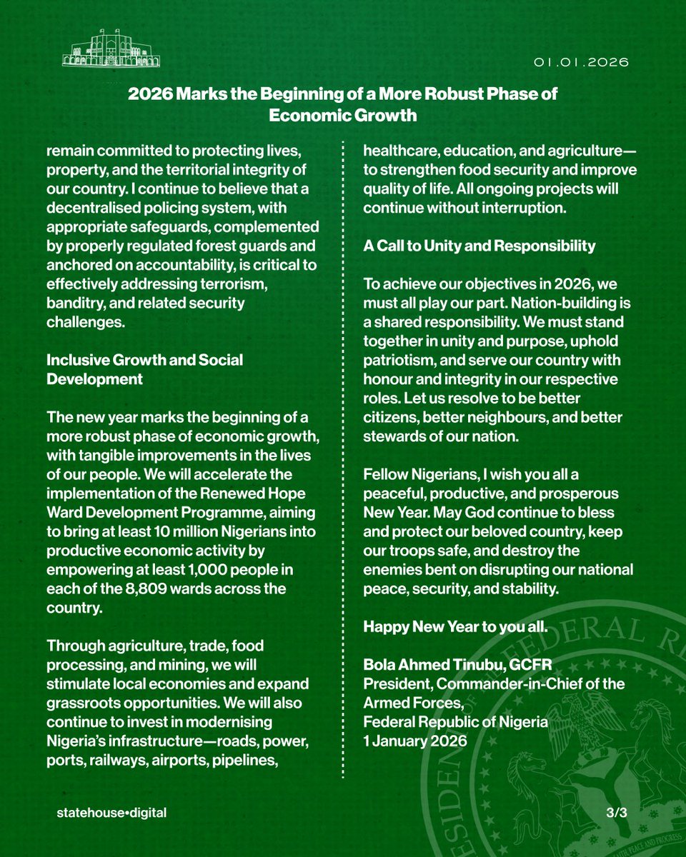 𝐒𝐞𝐜𝐮𝐫𝐢𝐭𝐲 𝐚𝐧𝐝 𝐍𝐚𝐭𝐢𝐨𝐧𝐚𝐥 𝐒𝐭𝐚𝐛𝐢𝐥𝐢𝐭𝐲
 
My fellow Nigerians, the path of reform is never easy, but it is necessary. We remain mindful that economic progress must be accompanied by security and peace.
 
Our nation continues to confront security threats from