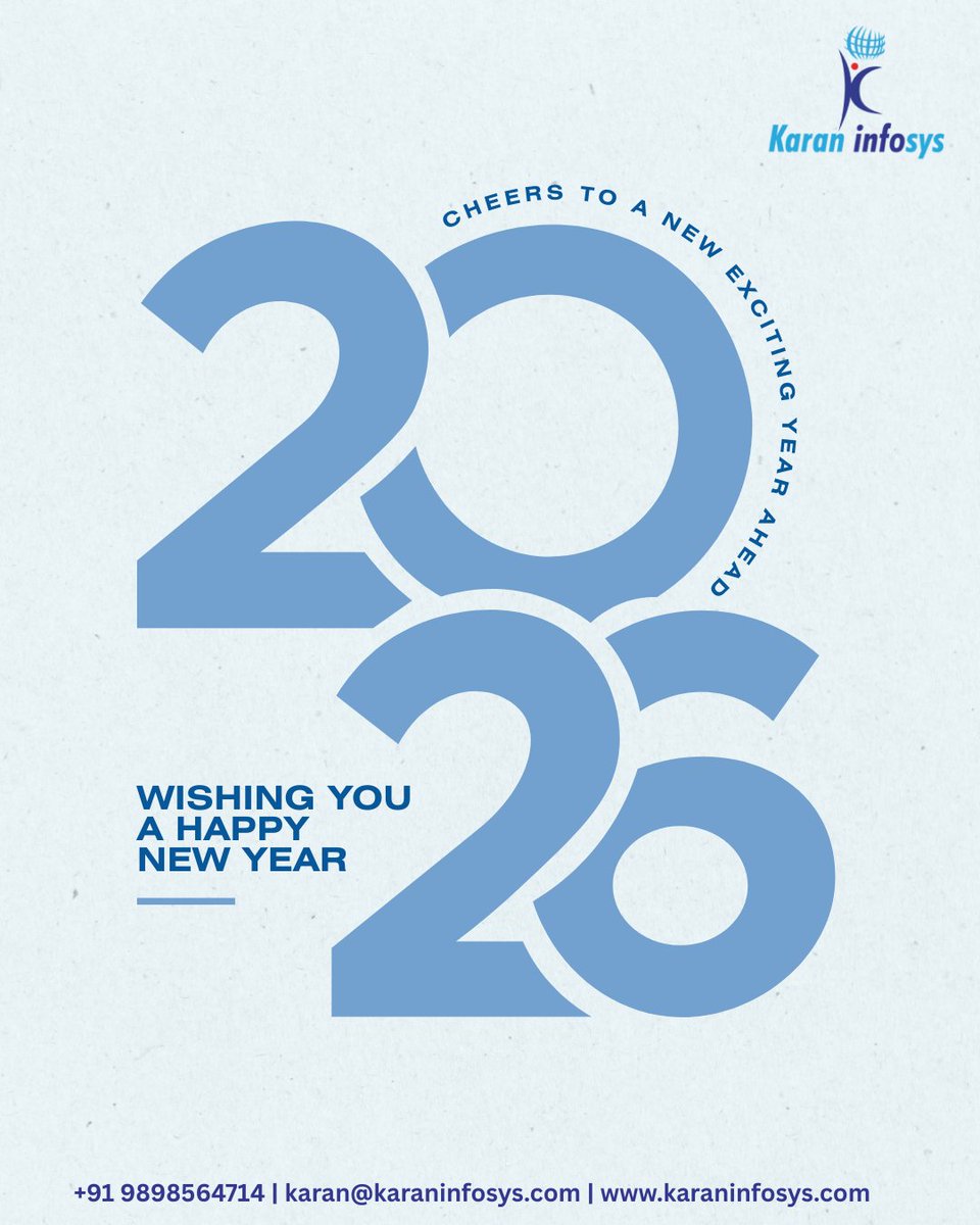 KaranInfosys's tweet photo. Cheers to 2026 🎉
A new year of innovation, stronger IT solutions, and smarter digital growth.
At Karan Infosys, we’re ready to build what’s next together.
#HappyNewYear2026 #KaranInfosys #DigitalGrowth #ITSolutions https://t.co/zpqq2t1815