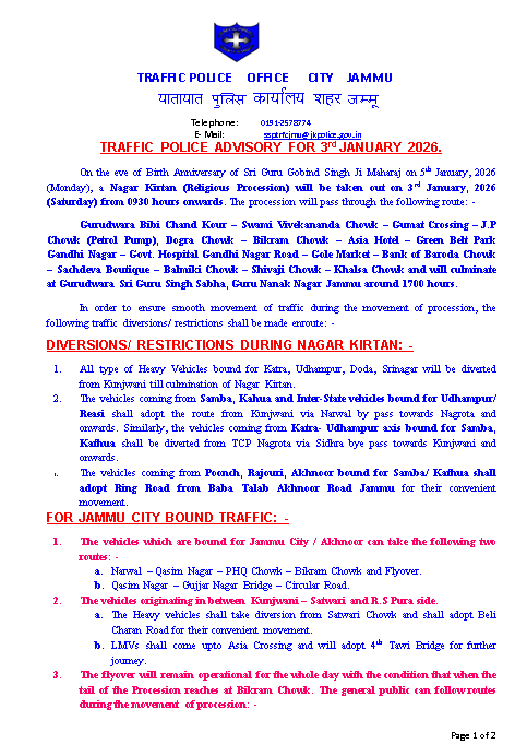 traffic_jammu's tweet photo. #TRAFFIC_POLICE_ADVISORY_FOR_3rd_JANUARY_2026. https://t.co/BDizJSPiZP