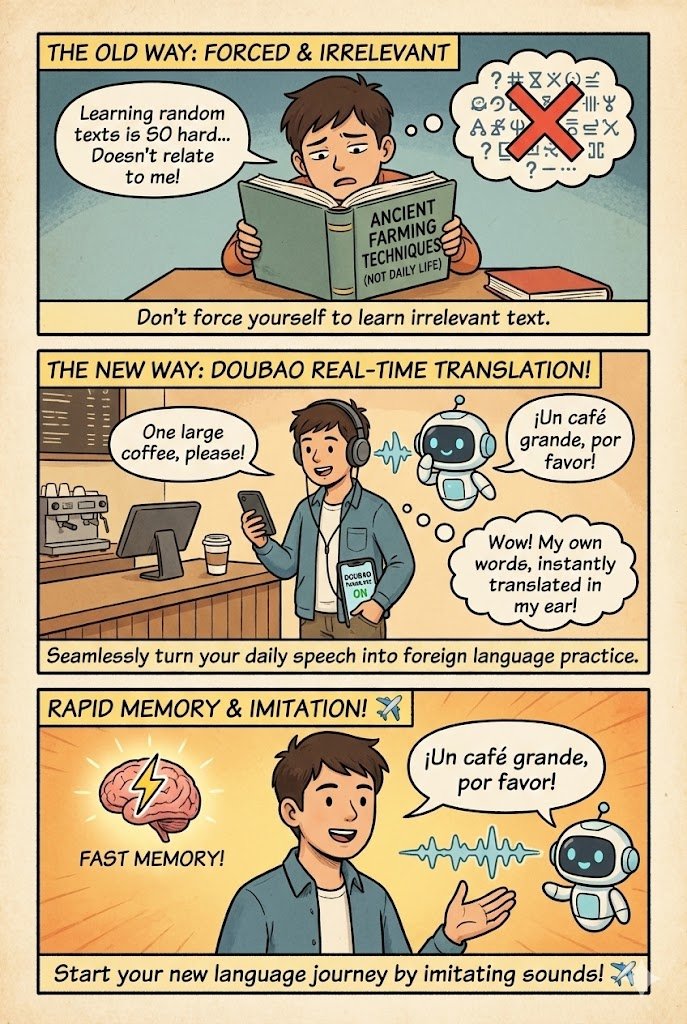 #Vessel，日常语言表达不应是强行“学”不相关的内容，而应重点让平时用母语使用的词句无缝转化为外语来学习。最近体验到一个超级棒的练习法子，那就是豆包同声传译，手机后台一直开着戴着耳机，你在生活中用母语说的每句话都直接在耳边被用外语重复，让你记忆神速！新的语言学习，从模仿语音开始🛫。