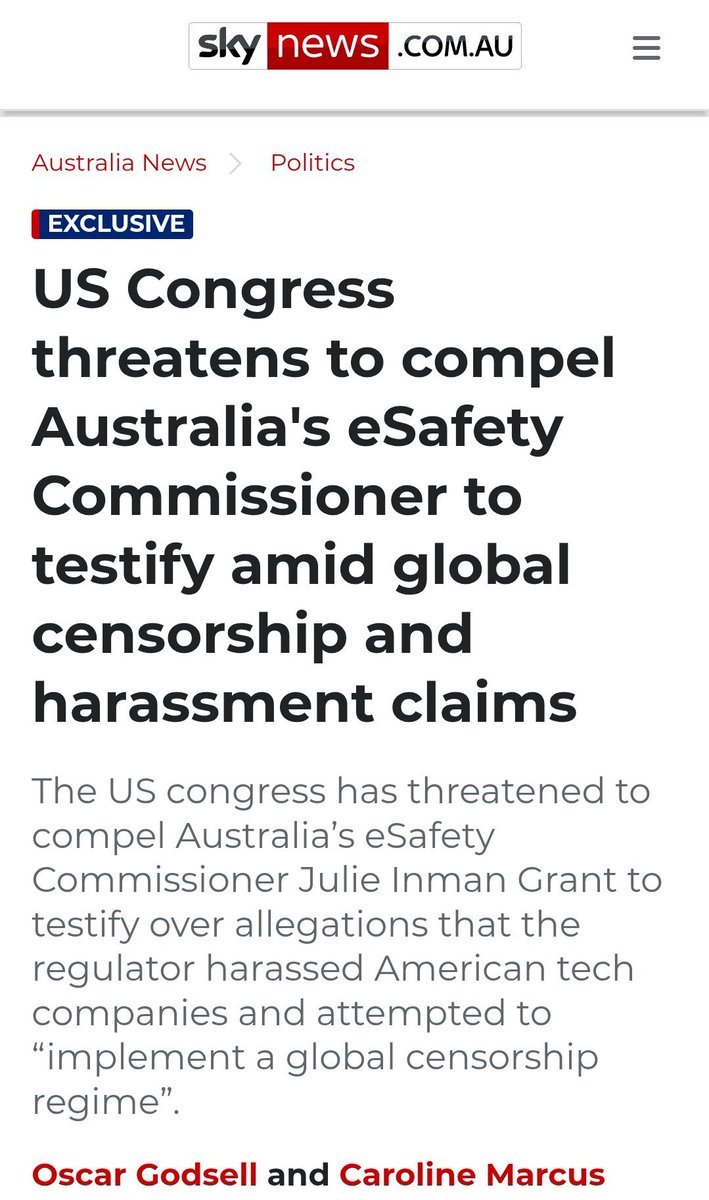 Another scoundrel avoiding accountability. Now Julie Iman Grant works for the Australian government, she is still a US citizen. 

I'm looking forward to see how this plays out. 🧐

The US congress has threatened to compel Australia’s eSafety Commissioner Julie Inman Grant to