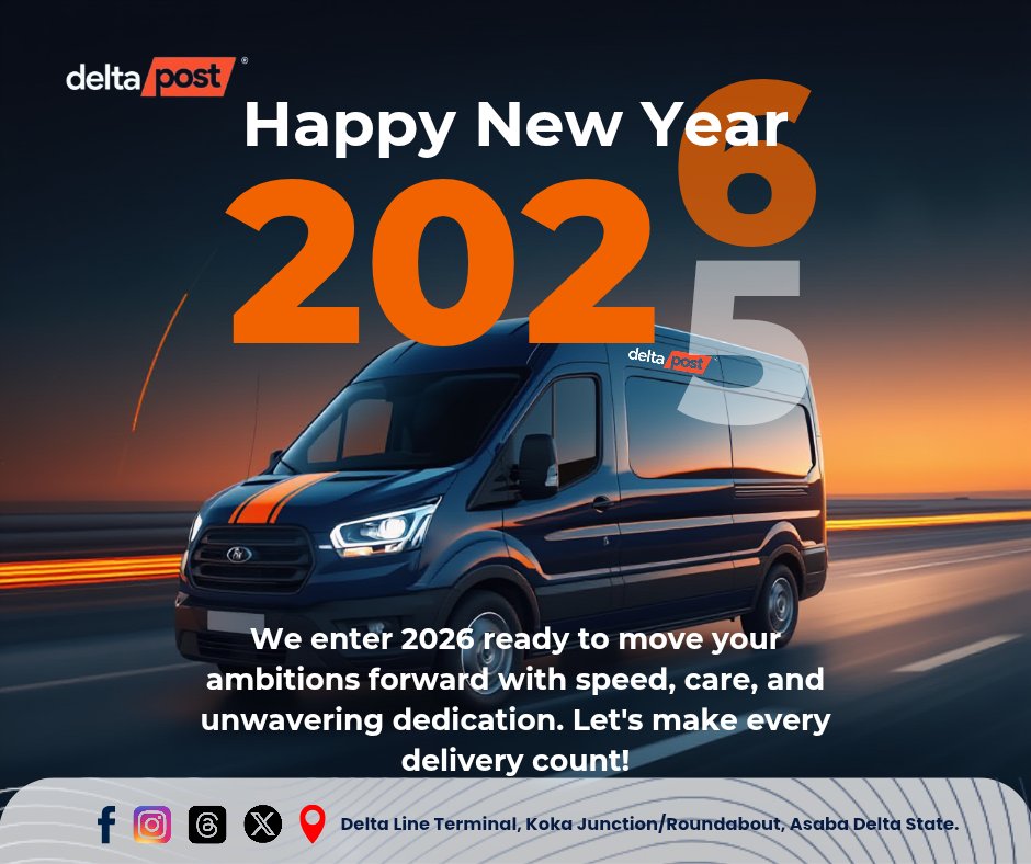 DeltaPost114275's tweet photo. Here's to a new year of seamless journeys, safe arrivals, and stronger partnerships. We're excited to deliver even more for you in 2026.
Happy New Year from our team to yours!
#HappyNewYear2026
#LogisticsSolutions
#ThankYou
#DeliveryGoals
#DeltaPostDelivers
#SafeAndTimelyDelivery https://t.co/8OX3PDKEpb