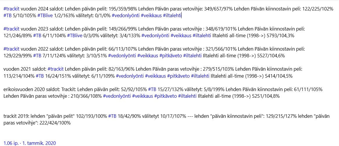 TimoBrander's tweet image. noin! onnistuin sitten näppäränä miehenä deletoimaan vuodesta 2019 asti kiinnitettynä kasvavana twiittinä oleen trackin. tuossa tuo nyt kuitenkin kuvana. #söhlö #vedonlyönti