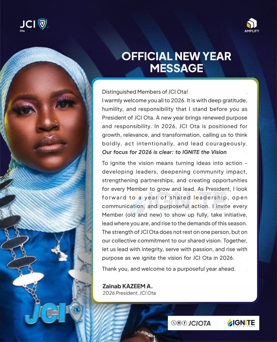 JCI_OTA's tweet photo. Welcome to 2026 - A year to Ignite the Vision.
Together, we will lead with intention, rise in capacity, and strengthen our impact within our community and beyond.
Here’s to a focused, bold, and transformative year for JCI Ota🥂
#Ignite
#JCIOta
#Amplify
#JCINigeria
#JCI
#HNY26 https://t.co/l68vNZOe9f