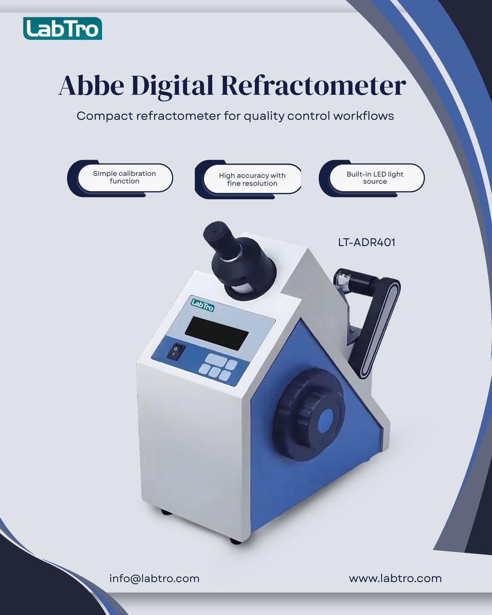LabtroS588's tweet photo. Abbe Digital Refractometer LT-ADR401 Used for measuring refractive index and concentration of liquids, this refractometer.
 
https://t.co/bKBnPn4Zts

Learn more: https://t.co/7iAkOyCI3o

#Labtro #AbbeRefractometer #Laboratoryequipment #Qualitytesting   #Scientificequipment https://t.co/bf8TPBbYf5