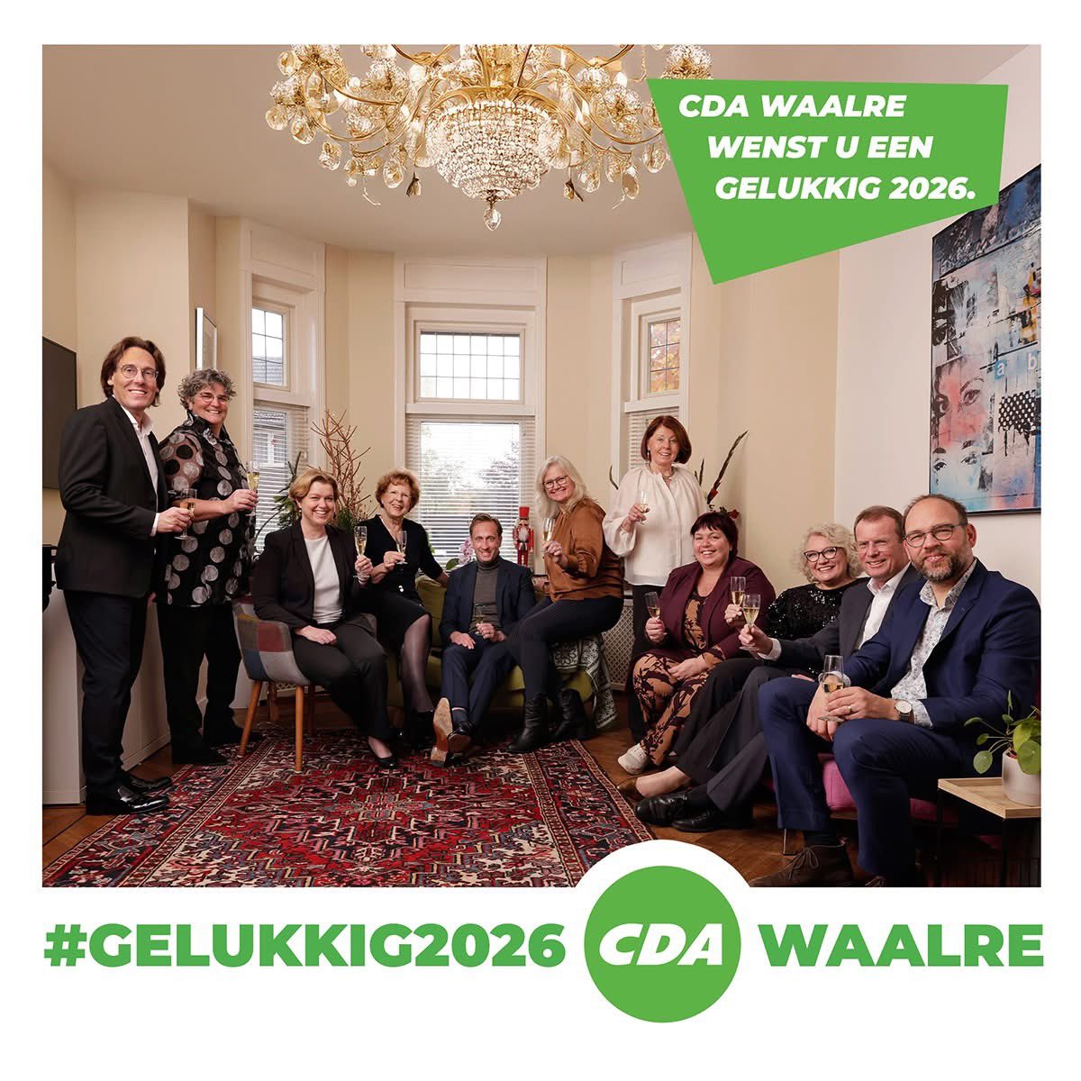 CDA Waalre wenst u een gelukkig 2026.  
Op deze foto ziet u de top 7 van onze lijst voor de gemeenteraadsverkiezingen, samen met wethouder Suzan van de Goor en het bestuur van de lokale afdeling in de gemeente Waalre.

Bijzonder én waardevol dat Aalst-Waalre een eigen bestuur
