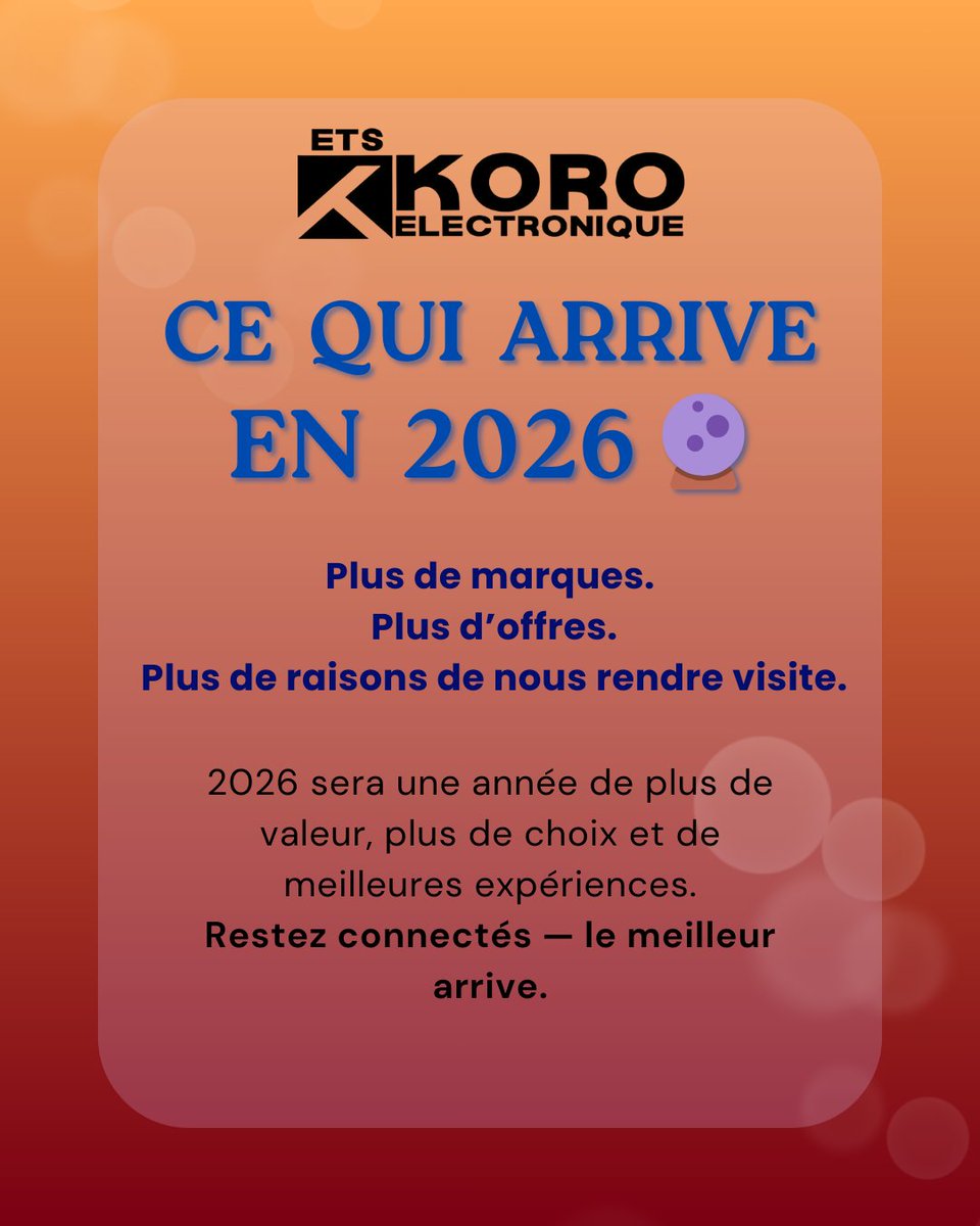 EtsKoro's tweet image. Ce qui arrive en 2026🔮

Plus de marques.
Plus d’offres.
Plus de raisons de nous rendre visite.

2026 sera une année de plus de valeur, plus de choix et de meilleures expériences.

Restez connectés - le meilleur arrive

#ComingSoon #2026Goals #MoreValue #KoroElectronique #DRCongo