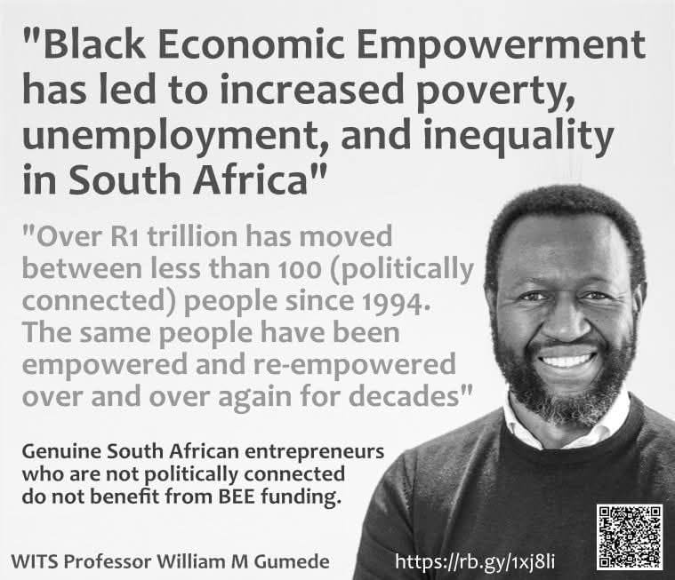 Lolita721611021's tweet image. 🇿🇦 *R1 trillion moved between 100 politically connected individuals through Black Economic Empowerment.* 

Prof. William Gumede of Wits School of Governance said black economic empowerment (BEE) has led to increased poverty, unemployment, and inequality in South Africa.

He said…