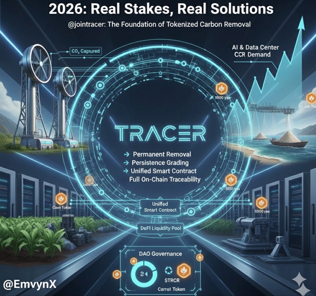 EmvynX's tweet photo. 2026 begins with real stakes. The planet needs gigatons of CO₂ permanently removed, not just promised.

@jointracer is building the infrastructure for a trillion-dollar carbon removal economy that is on-chain, transparent, and designed to scale.

Tracer differentiates itself from greenwashing through several key principles:

➟ Permanent removal only: Only methods such as direct air capture, biochar, enhanced rock weathering, and ocean alkalinization are supported. CO₂ is locked for centuries to 10,000 years, not temporary forestry offsets
➟ Persistence grading: Every Carrot token (ERC-1155) is scored for real durability, allowing markets to value longevity properly and reward high-quality projects
➟ Unified smart contract: All projects issue Carrot tokens under a single standardized contract, eliminating fragmentation and improving liquidity and composability in DeFi
➟ Full on-chain traceability: Provenance, third-party verification via DAO-approved endorsers, ownership, and retirement are all immutable and auditable
➟ $TRCR governance: DAO token holders vote on endorsers, methodologies, treasury, and ecosystem upgrades. Incentives prioritize long-term integrity over short-term hype
➟ Dual-token model: Carrots represent verified tons removed, while $TRCR coordinates the ecosystem with built-in deflationary mechanics tied to minting volume

Fresh from their CEX listing in late 2025, Tracer is live infrastructure at the intersection of real-world assets, ClimateFi, and ReFi. As AI and data center emissions increase and regulations tighten, demand for verifiable permanent carbon removal will grow rapidly.

This is not a narrative play. It is blockchain solving a planetary-scale problem, with transparency as the core feature.

For anyone tracking serious climate infrastructure development, @jointracer is positioning to become the foundation of tokenized carbon removal.

Who is paying attention to verified, on-chain carbon removal this year? Share your thoughts below.