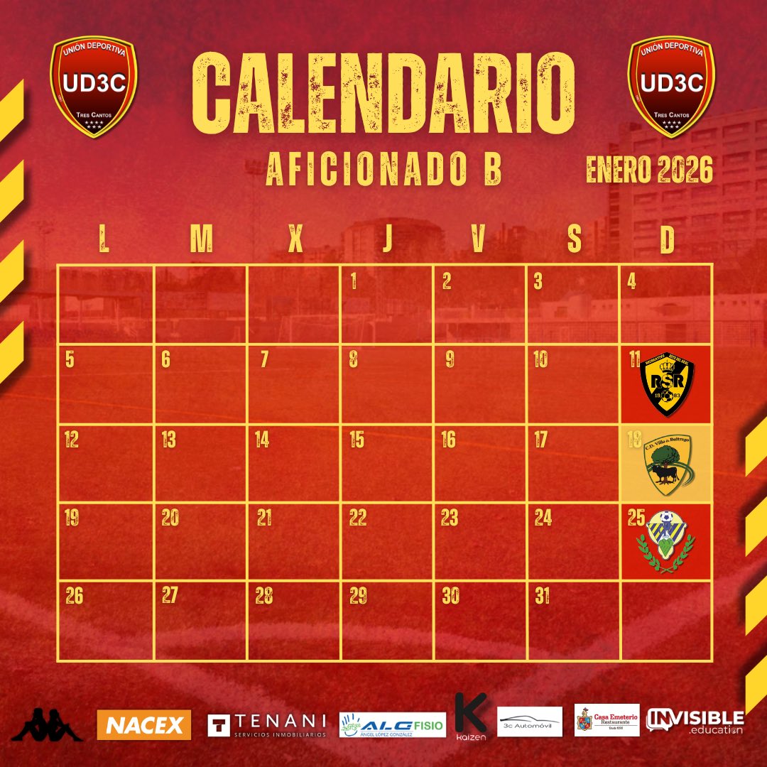 𝐀𝐅𝐈𝐂𝐈𝐎𝐍𝐀𝐃𝐎𝐒 | 𝑬𝒏𝒆𝒓𝒐 

📅 Ya tenemos el 𝗖𝗔𝗟𝗘𝗡𝗗𝗔𝗥𝗜𝗢 del primer mes del año 𝟮𝟬𝟮𝟲 de nuestros dos equipos 𝗔𝗙𝗜𝗖𝗜𝗢𝗡𝗔𝗗𝗢𝗦.  

𝐀𝐅𝐈𝐂𝐈𝐎𝐍𝐀𝐃𝐎 𝐁 ⚽️

🏠 𝟭𝟭/𝟭: 𝗦𝗼𝘁𝗼 𝗱𝗲𝗹 𝗥𝗲𝗮𝗹 
🚌 𝟭𝟴/𝟭: 𝗕𝘂𝗶𝘁𝗿𝗮𝗴𝗼
🏠 𝟮𝟱/𝟭: <a href="/cdpedrezuela/">C.D. Pedrezuela</a>