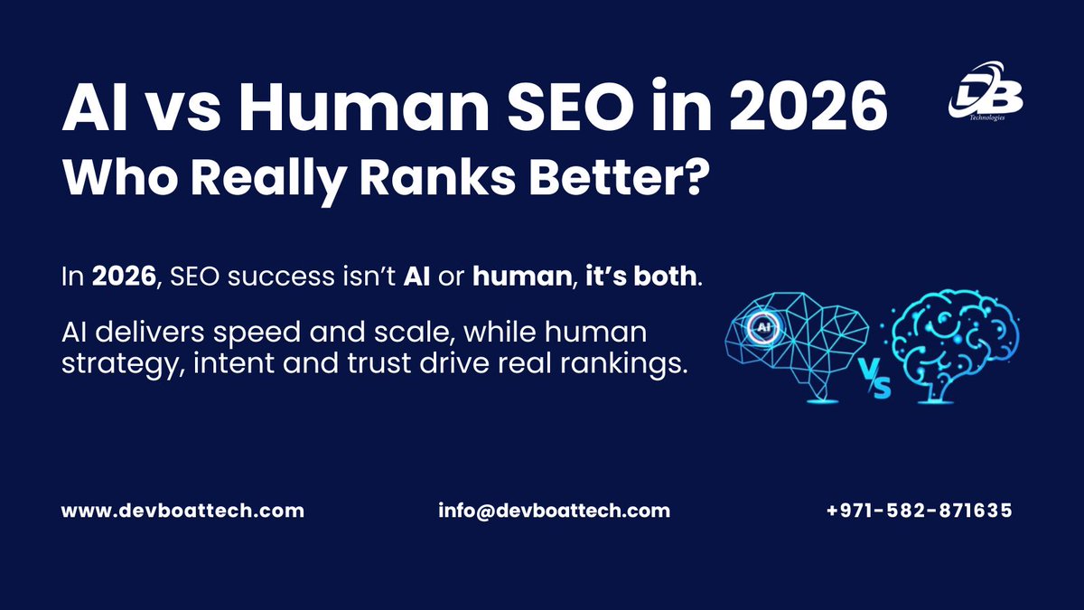 boat_dev's tweet photo. In 2026, SEO success isn’t AI or human, it’s both. 

AI delivers speed and scale, while human strategy, intent and trust drive real rankings.

Follow Us: @boat_dev 

#AISEO #HumanSEO #SEOTrends #DigitalMarketing2026 #ContentStrategy https://t.co/0lghdgzwrg