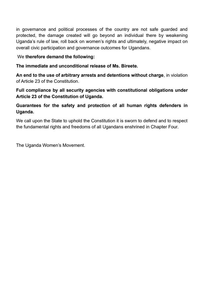 nancyayot's tweet image. Statement by Uganda Women's Movement demanding for release @SarahBireete 
#FreeSarahBireete
