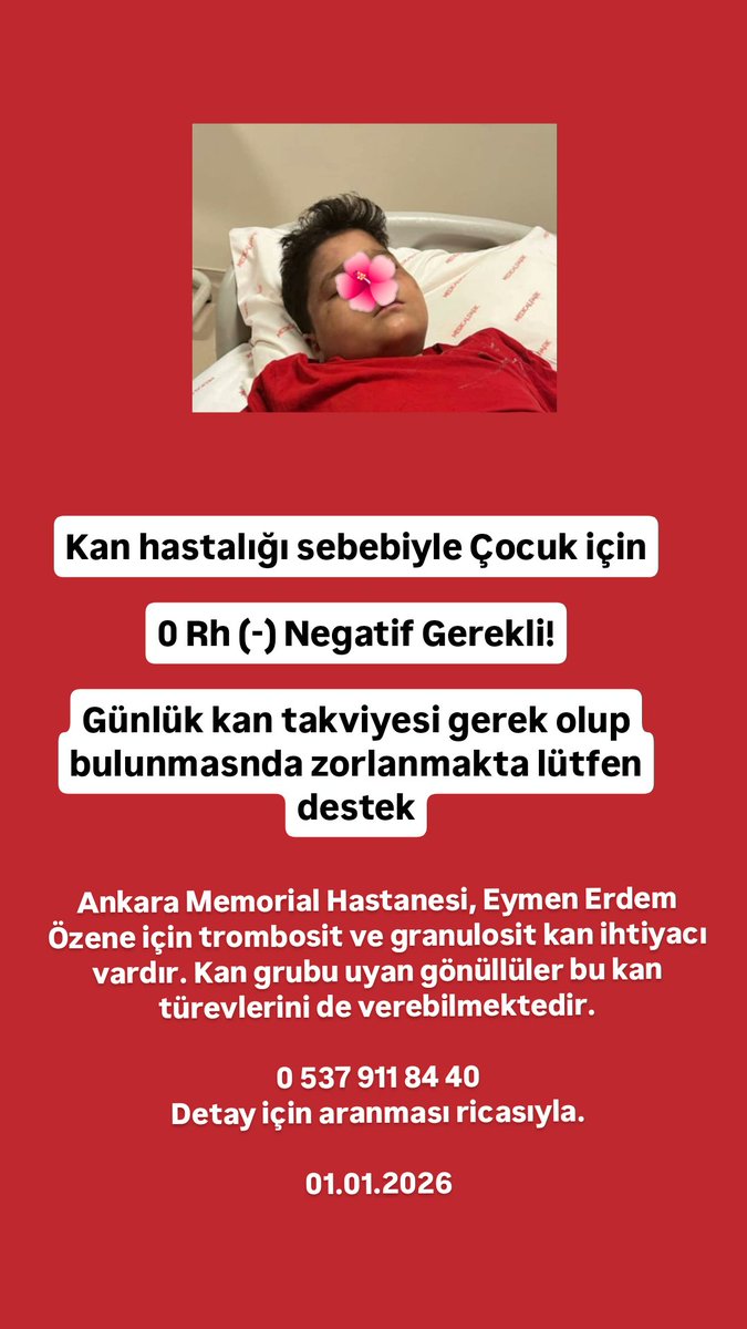 Kan hastalığı sebebiyle Çocuk için 0 Rh (-) Negatif Gerekli!

Günlük kan takviyesi gerek olup bulunmasnda zorlanmakta lütfen destek

Ankara Memorial Hastanesi, Eymen Erdem Özene için trombosit ve granulosit kan ihtiyacı vardır. Kan grubu uyan gönüllüler bu kan türevlerini de