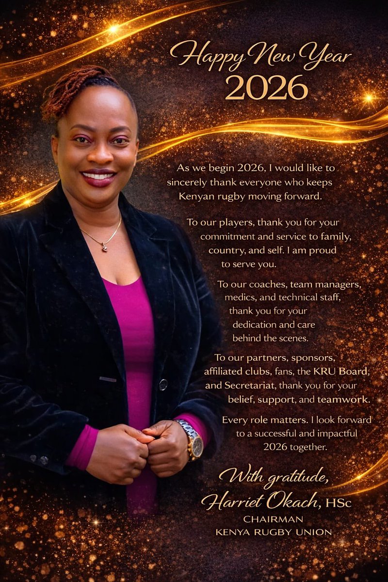 Happy New Year 2026….
“As we begin 2026, I would like to sincerely thank everyone who keeps Kenyan rugby moving forward” - Harriet Okach, KRU Chairperson.