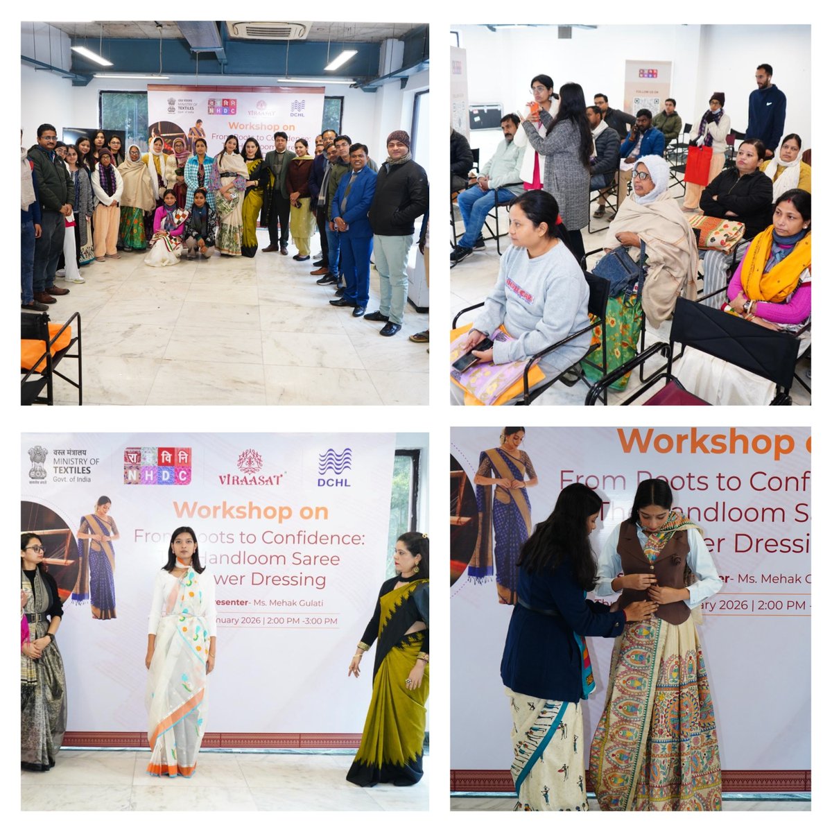 NHDC_Textiles's tweet photo. Empowering confidence through tradition!
NHDC conducted a workshop titled “From Roots to Confidence: The Handloom Saree in Power Dressing”, presented by Ms. Mehak Gulati, during the Exclusive Handloom Expo – “Saree Festival – 2025” at Handloom Haat, Janpath, New Delhi, highlighting the role of handloom sarees in contemporary professional dressing.
#ConfidenceThroughTradition #FromRootsToConfidence #SareeFestival2025 #ExclusiveHandloomExpo #HandloomHaat #HandloomInWorkwear #SareeAsPower
