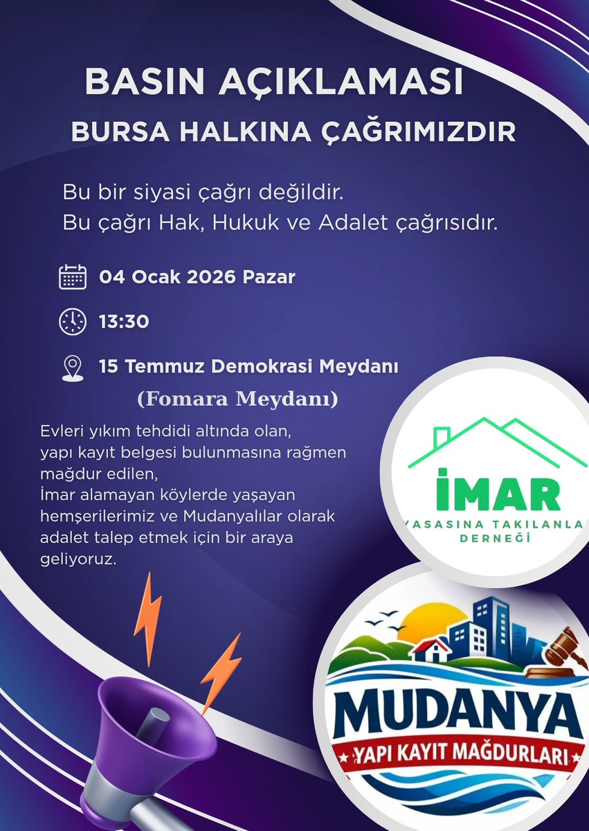 <a href="/iytdernegi/">İMAR YASASINA TAKILANLAR DERNEĞİ TÜRKİYE</a> Yıkım çözüm değildir! Plan yapmayanın bedelini vatandaş ödeyemez.
#YeniYıldaYapıKayıt <a href="/MudanyaBel/">Mudanya Belediyesi</a> <a href="/denizdalgic/">Deniz Dalgıç</a>