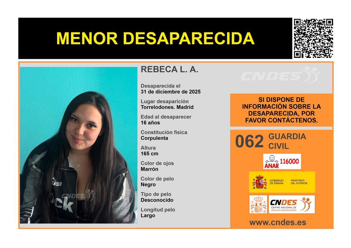 cndes_oficial's tweet image. ⚠️🚺MENOR DESAPARECIDA🚺⚠️

Edad 16 años
🧐Última localización #Torrelodones #Madrid 

Ayúdanos➡️comparte 📲
Si crees haberla visto 📩 cndes-web.ses.mir.es/publico/Desapa…

📞062 @guardiacivil
☎️116000 @FundacionANAR 
@cndes_oficial #menor #desaparecida #ComunidadMadrid