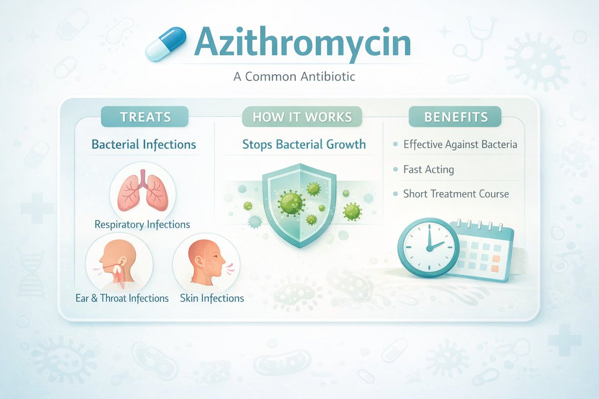 ALennox23221's tweet photo. Azithromycin is a commonly used antibiotic that helps treat a variety of bacterial infections, including respiratory, skin, ear &amp; throat infections.
It works by stopping the growth of bacteria, allowing the body to recover effectively.
#Azithromycin #HealthAwareness #Antibiotics https://t.co/nCit6UZ7PJ