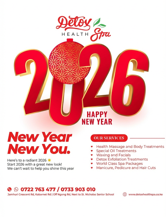 Mbaite's tweet photo. *"Cheers to a New Year! May 2026 bring you glowing skin, inner peace, and moments of pure bliss. Let's refresh your spirit and rejuvenate your look at Detox Health Spa!"*

*We are Open 10AM - 7PM the whole Christmas Season Daily.*

☎️ 0722 763 477
📌 Kabarnet Rd, Off Ngong Rd. https://t.co/4XsmaWwp0j