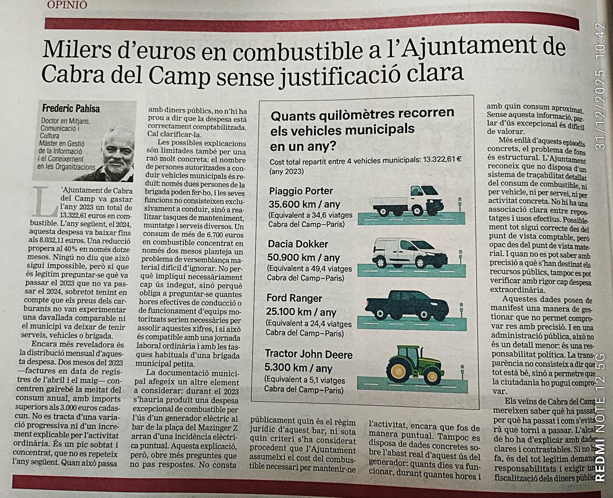 1/3.🧵 Combustible municipal a Cabra del Camp: quan els números no quadren

El 2023, l’Ajuntament de Cabra del Camp va gastar 13.322,61 € en carburant.
El 2024, la despesa baixa gairebé un 40%.
⛽ Els preus no expliquen aquesta diferència.
📎 Article complet 👇