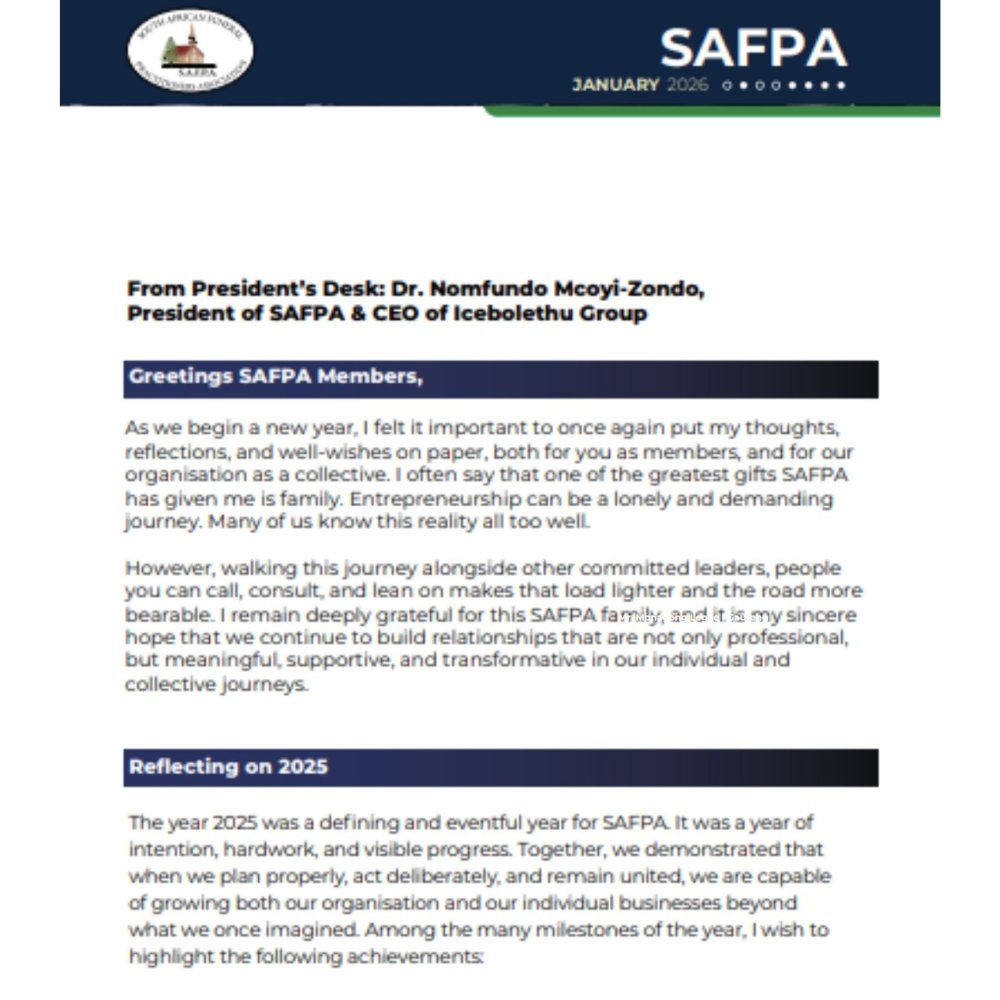 oursafpa's tweet photo. A Letter From President's Desk: Dr. Nomfundo Mcoyi-Zondo, President of SAFPA &amp; CEO of Icebolethu Group. https://t.co/MjZF79FDjo