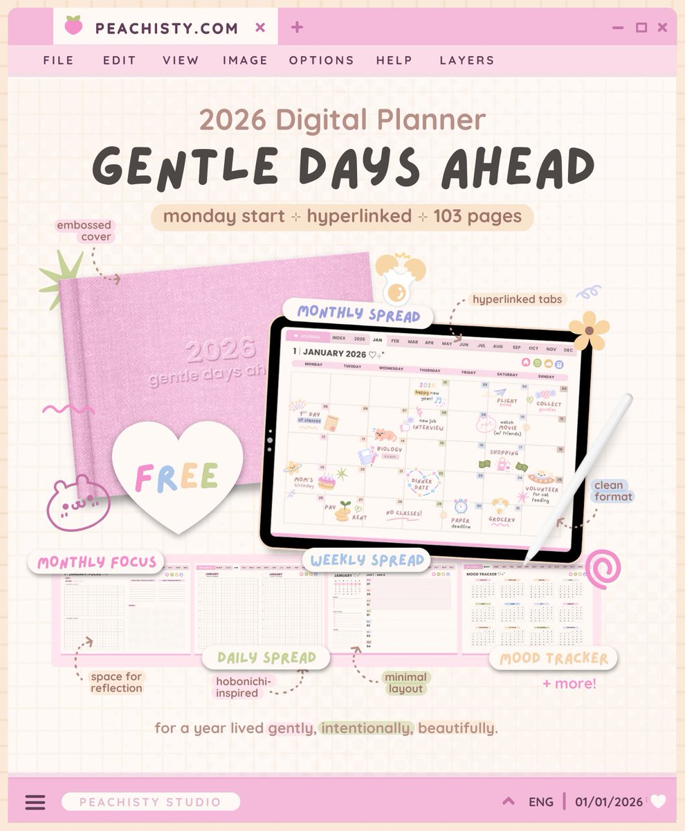 daphnedi_'s tweet image. 💌 gentle days ahead ⋆˙⟡ 2026 digital planner ✎﹏ 

for a year lived gently, intentionally, beautifully ✧

. . . thank you for being here! ♡ 

🔗 download for free: ko-fi.com/s/2e36f43fc7