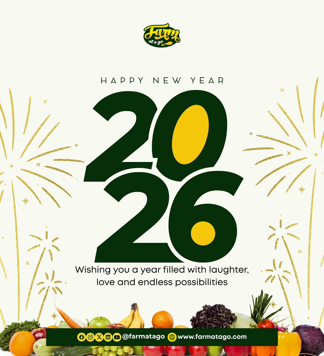 Happy New Year! 🎉
Wishing you laughter, love, success, and beautiful moments throughout 2026.
We look forward to serving you, partnering with you, and growing together this year. 

#HappyNewYear2026 #NewYearWishes #GrowingTogether #Farmatago #FreshAgroProduce #AgriBusiness