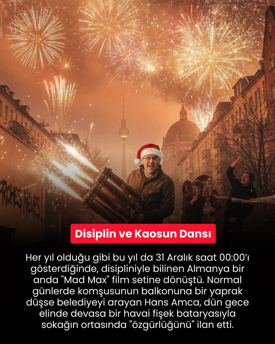 Almanların o meşhur kuralları dün gece askıya alındı. Pazar günleri çivi çakmanın yasak olduğu ülkede, gece yarısı komşusunun bahçesine yanlışlıkla füze fırlatan gençler, "Frohes Neues!" (Mutlu Yıllar) diyerek konuyu tatlıya bağladı.