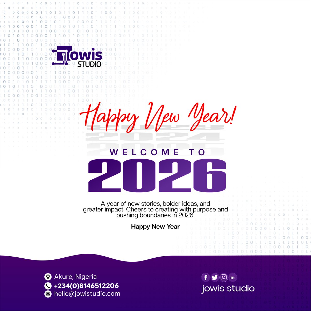 Jowis_studio's tweet photo. Happy New Year 🎉
Welcome to 2026 
 A  year of bolder ideas, new stories, and greater impact.
Let’s create with purpose.
#HappyNewYear #JowisStudio https://t.co/k8PYNuFhiX