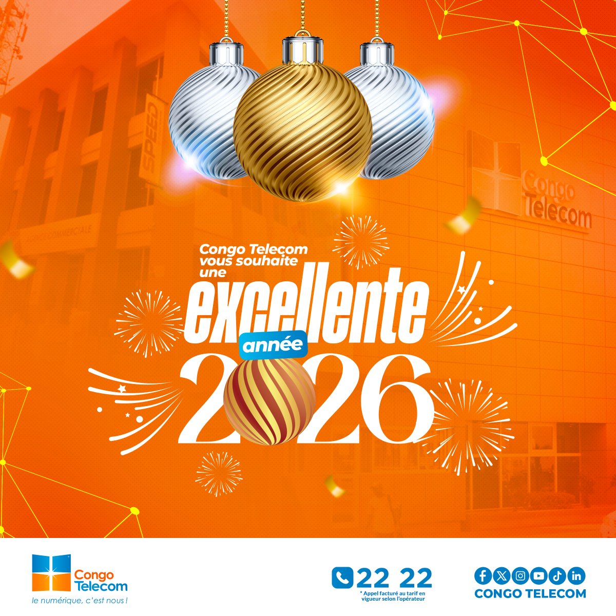 Bienvenue en 2026 !
Congo Telecom vous souhaite une année exceptionnelle, riche en innovations, en succès et en belles expériences numériques.
Merci d’être à nos côtés. L’aventure continue ! 💙
#BonneAnnée2026 #Congotelecom #Internetillimité