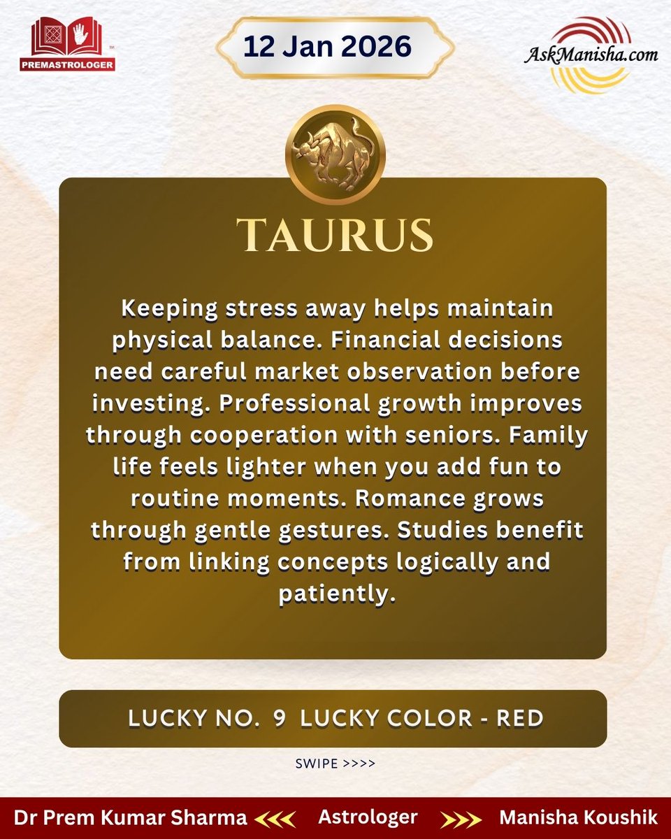 premastrologer's tweet photo. Daily Horoscope for 12th Jan 2026

#Aries #Taurus #Gemini#Cancer#Dailyhoroscope

To check your sign pls click the link below:
https://t.co/3bV9c0i1V3

For personal consultation at +919216141456 https://t.co/sEfhZ4kbph