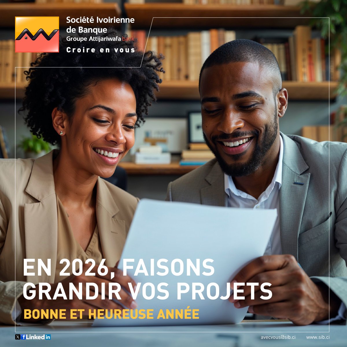 Une nouvelle année s’ouvre, riche en opportunités et en perspectives.
La Société Ivoirienne de Banque vous adresse ses meilleurs vœux de santé, de réussite et de prospérité.
En 2026, ensemble, faisons grandir vos projets.

#SIB #SIBNET #Confiance #simple #CroireEnVous