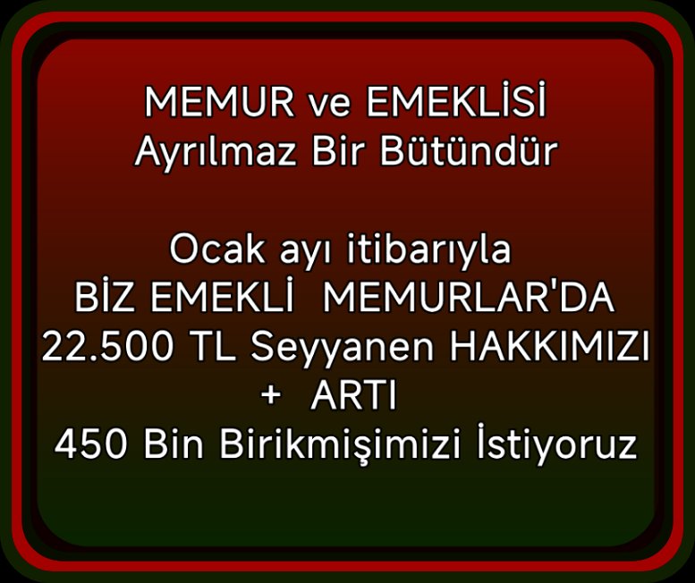 Memur ve Emeklisi
Yasa gereği 👉 AY-RI-LA-MAZ
💥Seyyanen #EmekliMemur un Yasal Hakkıdır.
#MemurEmeklisineAdalet
<a href="/RTErdogan/">Recep Tayyip Erdoğan</a>
<a href="/Akparti/">AK Parti</a> <a href="/TBMMGenelKurulu/">TBMM Genel Kurulu</a>
<a href="/AYMBASKANLIGI/">Anayasa Mahkemesi</a>
<a href="/MHP_Bilgi/">MHP</a> <a href="/dbdevletbahceli/">Devlet Bahçeli</a>