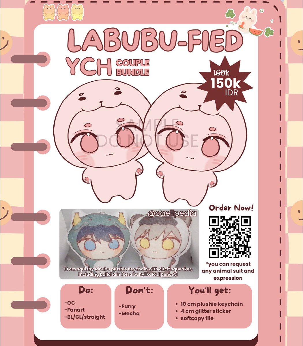 . ✦ ݁ ˖ CAELLPEDIA LABUBU-FIED YCH PLUSHIE COMMISSION 🧸
— ♡ and ↻ are appreciated!!

Turn your OC/Favorite Character/Yumeship/OTP/OCTP  into labubu! 😋✨️ You can request any animal suit and character's expression!! 🫶

📆 Close until full slots
[1/3]