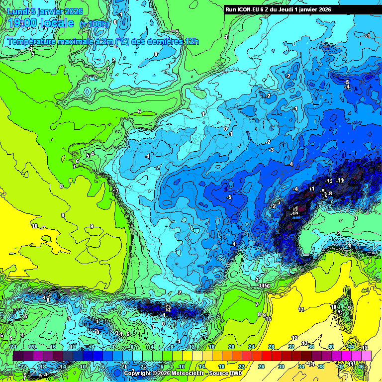 Meteovilles's tweet image. Lundi, le #gel 🥶🥶 pourrait être permanent tout au long de la journée sur les deux-tiers de la France. Certains modèles (comme ici Icône), prévoient même des températures maximales l'après-midi de l'ordre de - 5°C dans le Centre-Est ! Notre article sur ce froid marqué ➡️➡️