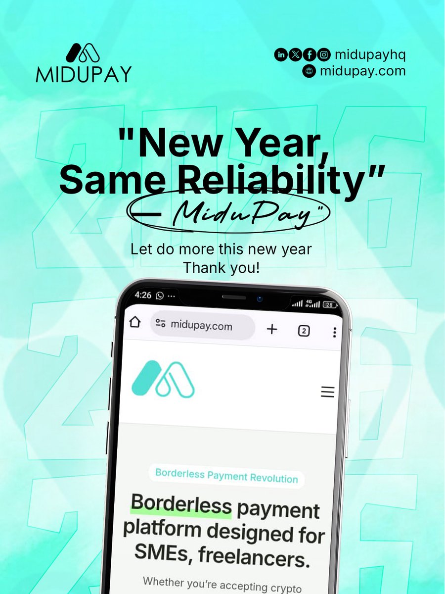 midupayhq's tweet photo. Ringing in 2026 with MiduPay: New Year, same unbeatable reliability for borderless payments. Let's crush those goals! 🚀💸 #MiduPay #NewYearVibes https://t.co/TCLIGZGNIh
