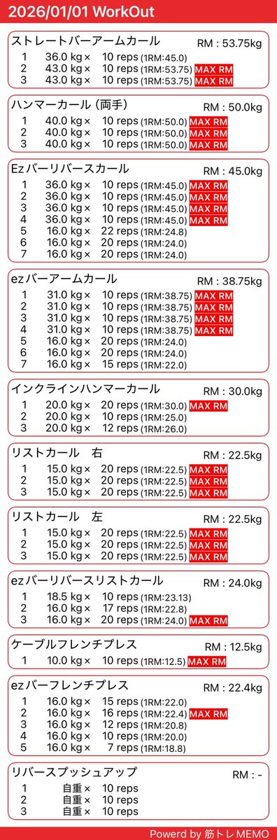 KeyRyoku's tweet image. #リョクトレ  
※両手ダンベル系は合計重量値

腕！
ｱｰﾑｶｰﾙ 41→43kg⤴️
今年のトレ始め了！
今年の目標はケガ病気なく、
一年皆勤したい💪
